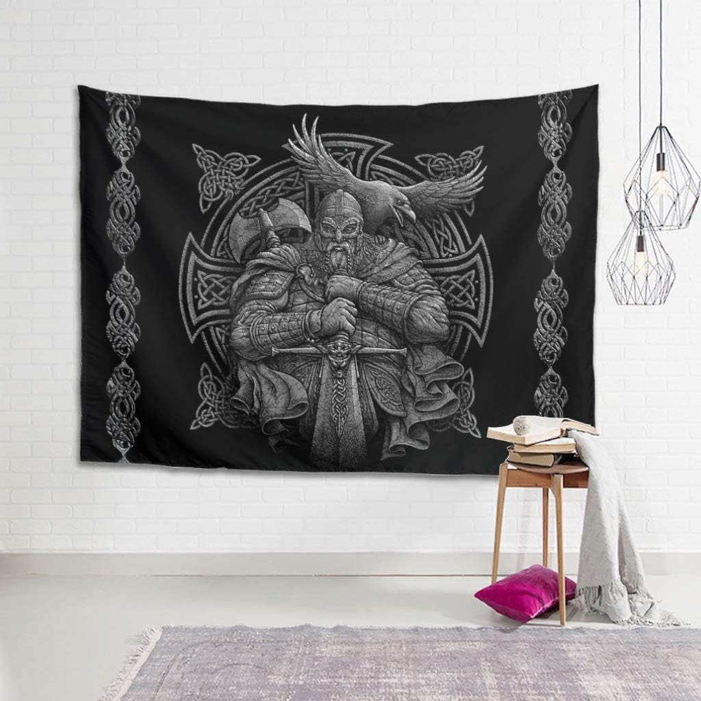 Tapisserie grise viking odin hache épée corbeau croix Accueil - Accessoires et Décorations Naty Shop