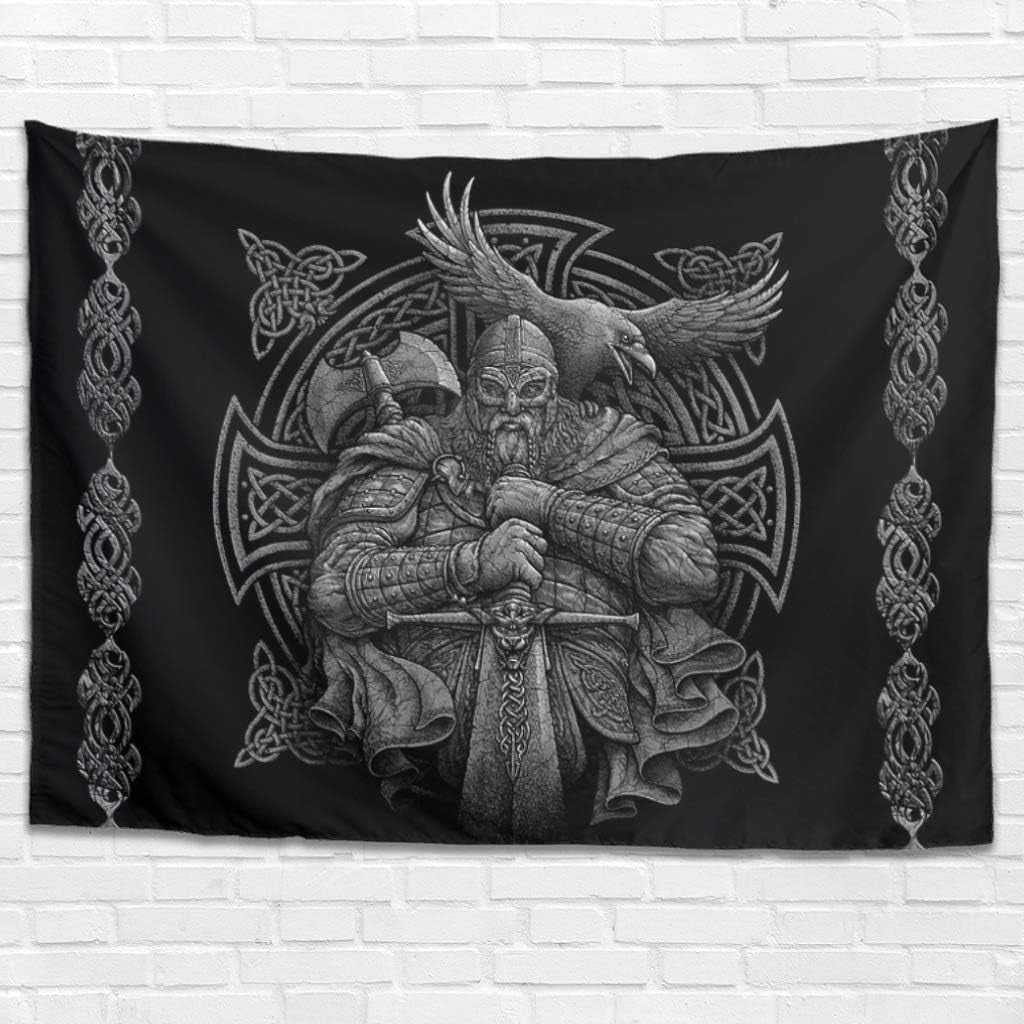 Tapisserie grise viking odin hache épée corbeau croix Accueil - Accessoires et Décorations Naty Shop