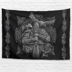 Tapisserie grise viking odin hache épée corbeau croix Accueil - Accessoires et Décorations Naty Shop