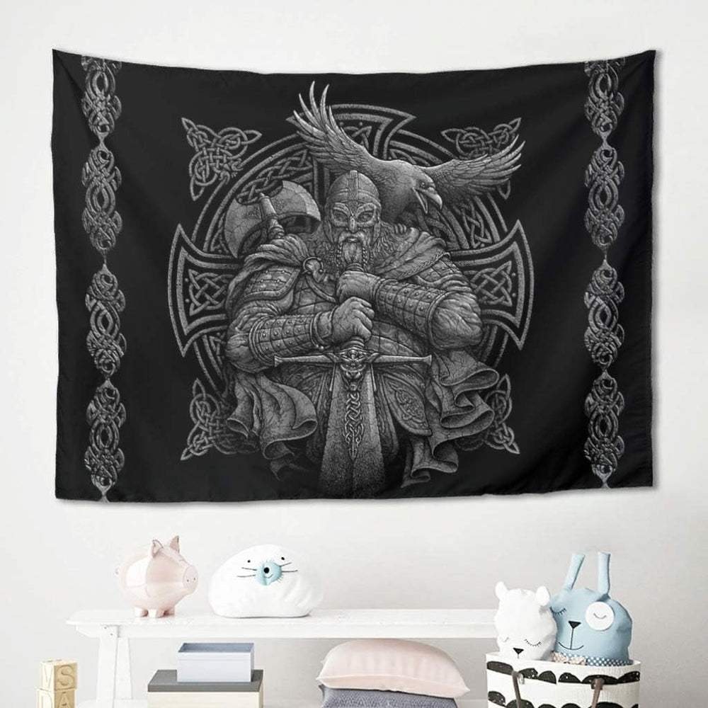 Tapisserie grise viking odin hache épée corbeau croix Accueil - Accessoires et Décorations Naty Shop