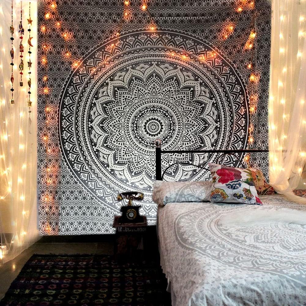 Tapisserie indienne mandala psychédélique noir blanc India Accueil - Accessoires et Décorations Naty Shop