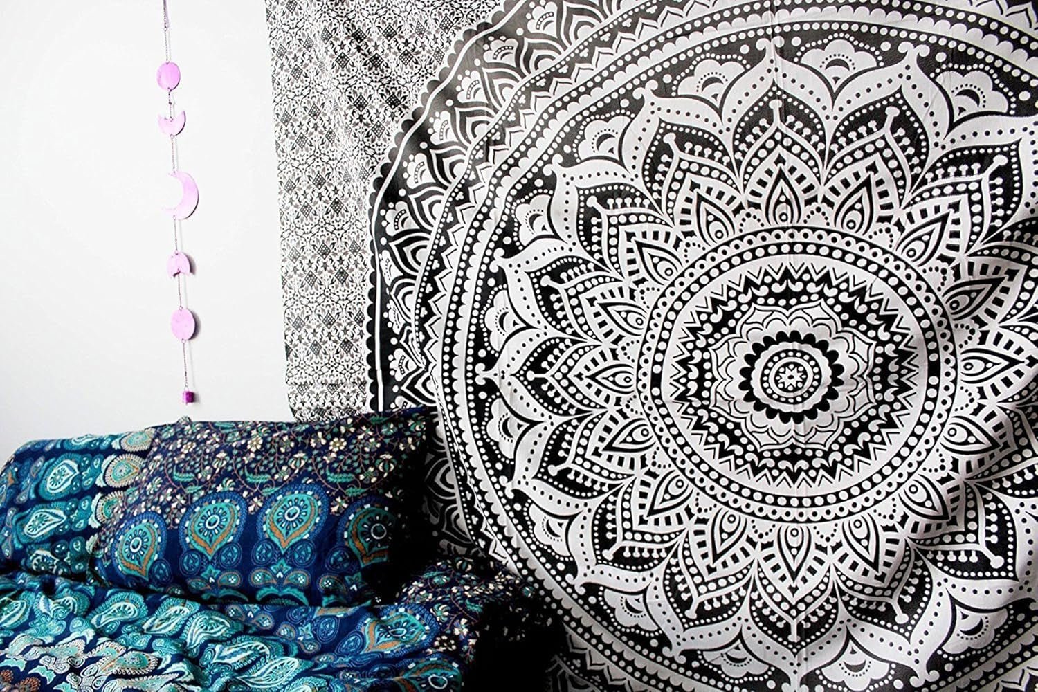 Tapisserie indienne mandala psychédélique noir blanc India Accueil - Accessoires et Décorations Naty Shop