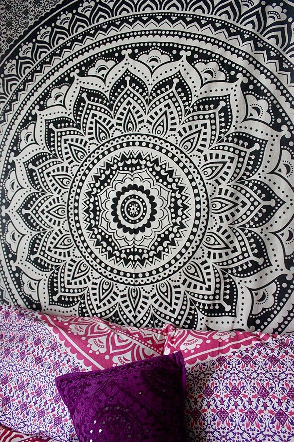 Tapisserie indienne mandala psychédélique noir blanc India Accueil - Accessoires et Décorations Naty Shop