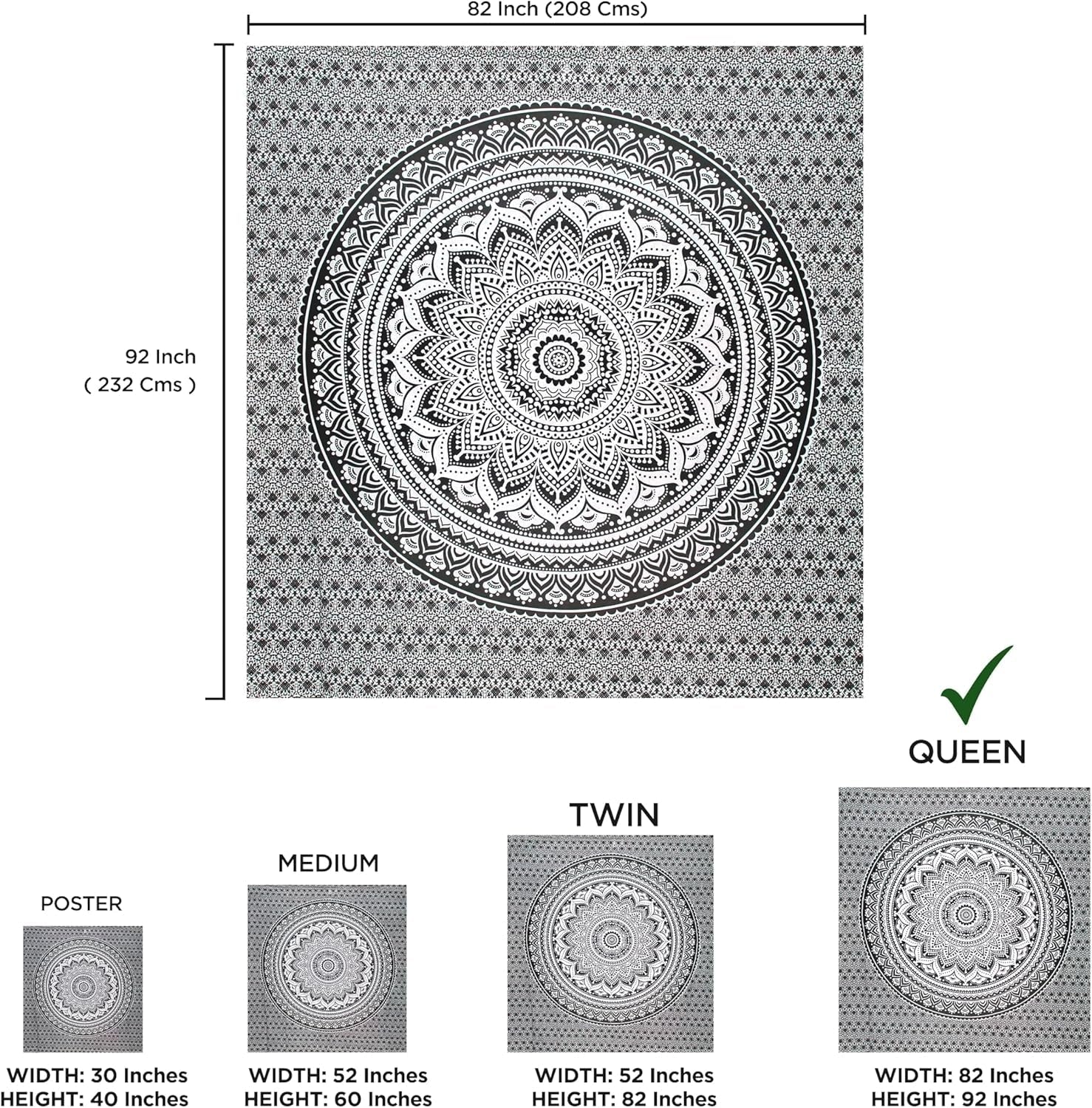 Tapisserie indienne mandala psychédélique noir blanc India Accueil - Accessoires et Décorations Naty Shop