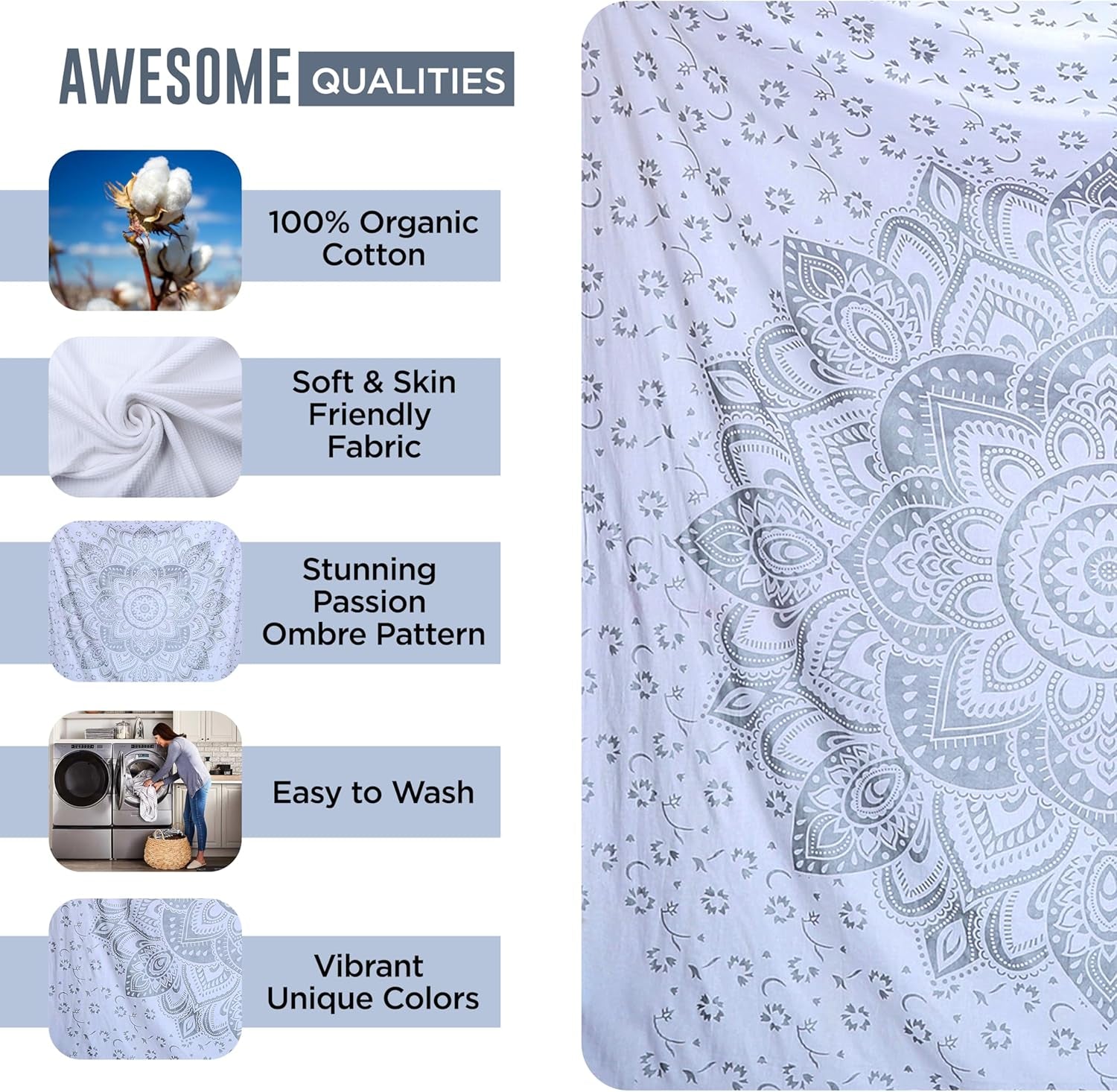 Tapisserie indienne mandala argent blanc chambre toile esthétique Maison - Accessoires et Décorations Naty Shop