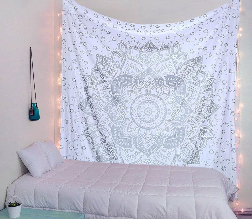 Tapisserie indienne mandala argent blanc chambre toile esthétique Maison - Accessoires et Décorations Naty Shop
