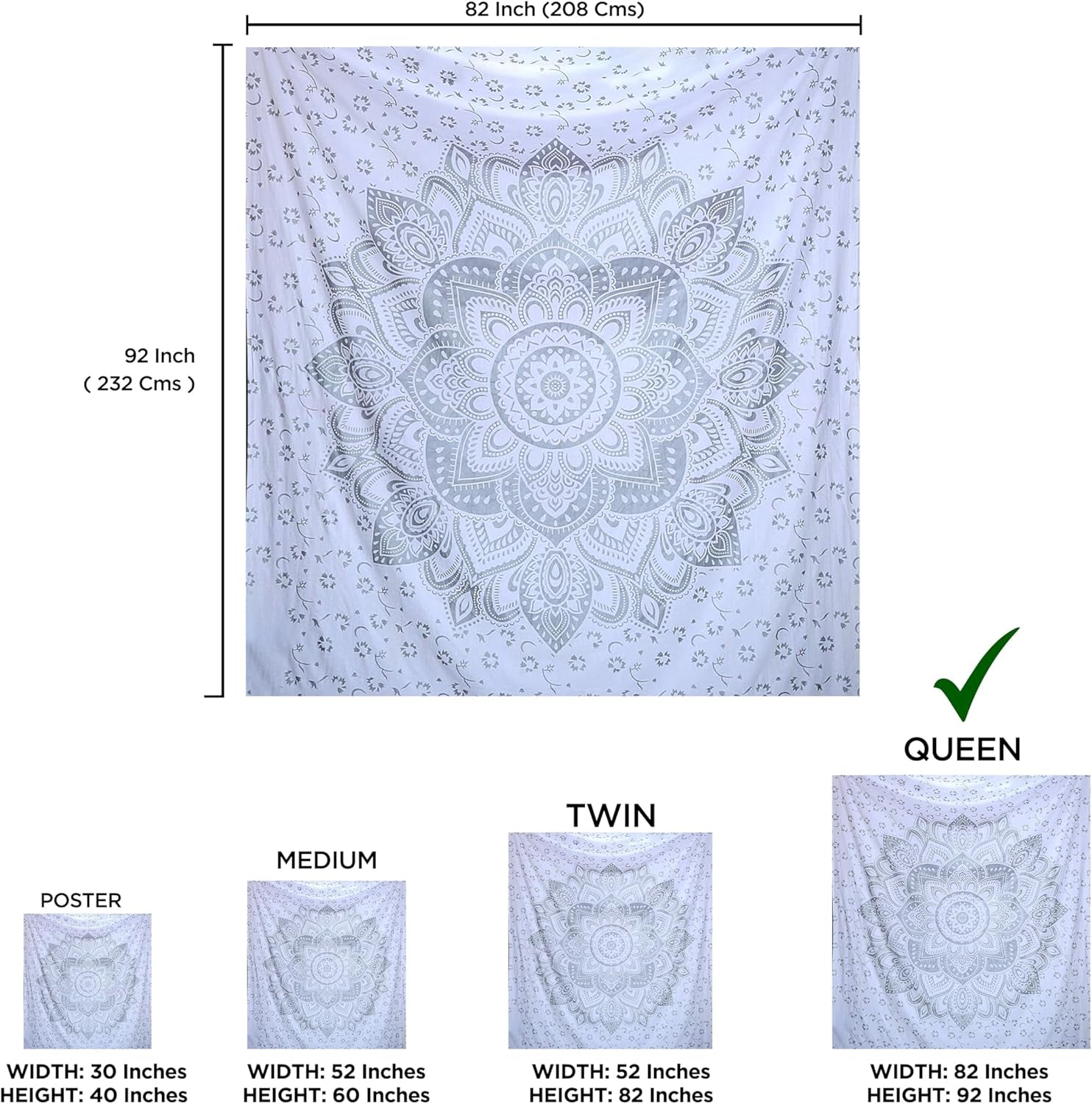 Tapisserie indienne mandala argent blanc chambre toile esthétique Maison - Accessoires et Décorations Naty Shop