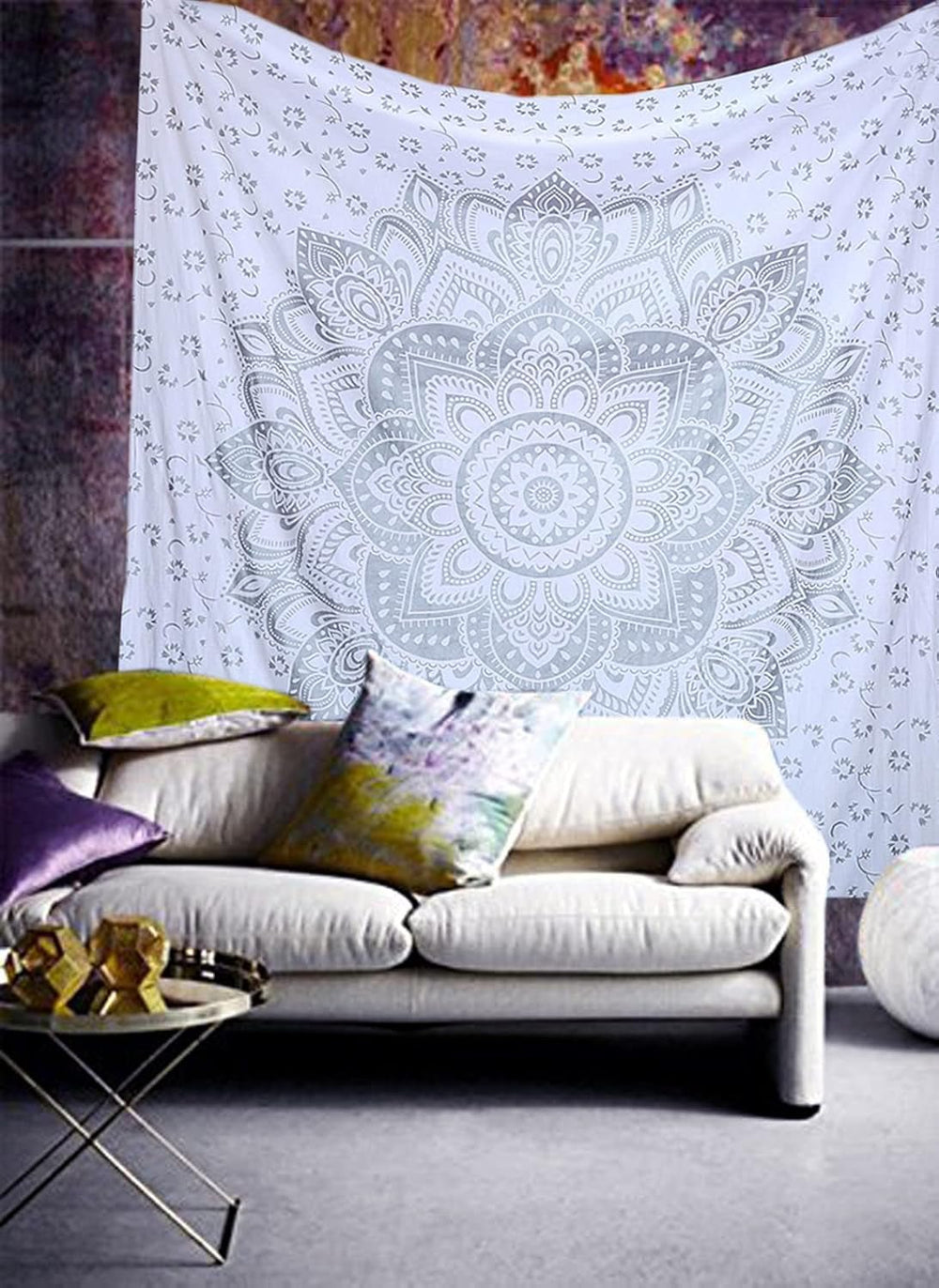 Tapisserie indienne mandala argent blanc chambre toile esthétique Maison - Accessoires et Décorations Naty Shop