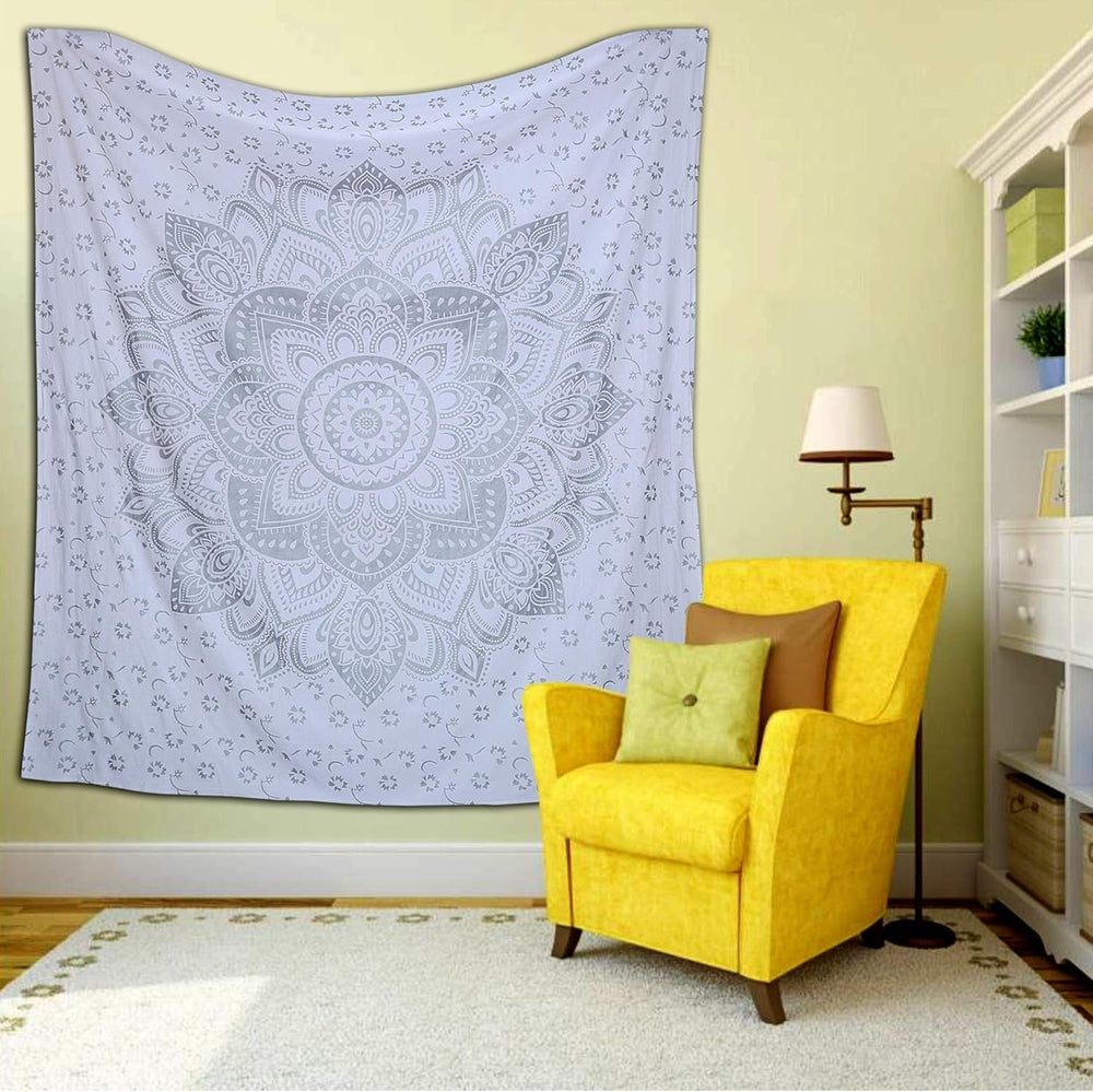 Tapisserie indienne mandala argent blanc chambre toile esthétique Maison - Accessoires et Décorations Naty Shop