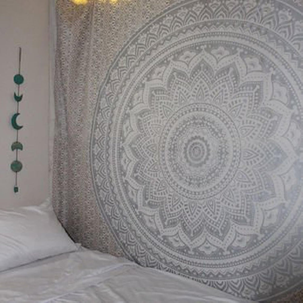 Tapisserie indienne mandala argent blanc chambre toile esthétique Maison - Accessoires et Décorations Naty Shop
