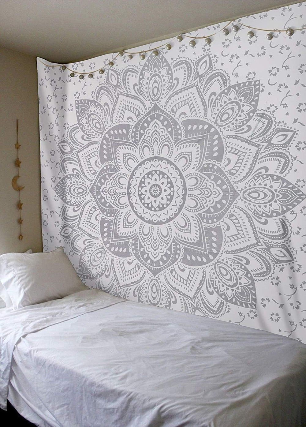 Tapisserie indienne mandala argent blanc chambre toile esthétique Maison - Accessoires et Décorations Naty Shop
