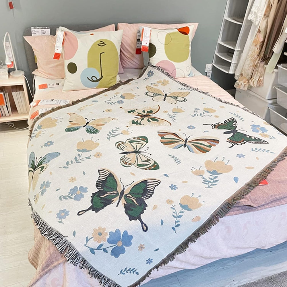 Tapisserie lumisyne plaid double face tissé en coton Accueil - Accessoires et Décorations Naty Shop Le papillon rencontre la fleur