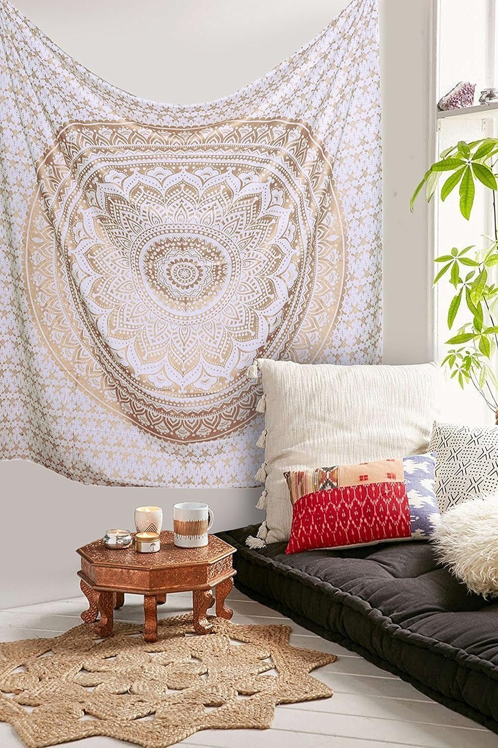 Tapisserie Mandala décoration de chambre esthétique toile blanche dorée Maison - Accessoires et Décorations Naty Shop