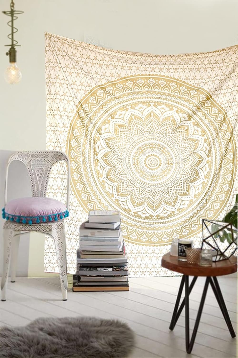 Tapisserie Mandala décoration de chambre esthétique toile blanche dorée Maison - Accessoires et Décorations Naty Shop