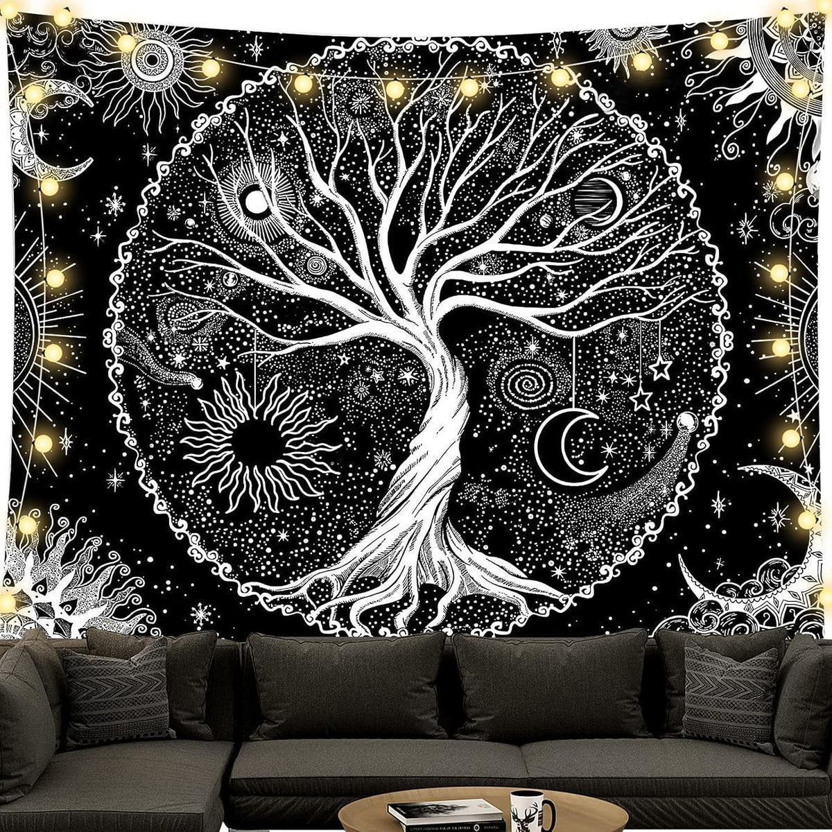 Tapisserie arbre de vie noir et blanc tapisserie phases de lune Maison - Accessoires et Décorations Naty Shop Arbre de vie 200L X 150B Cm