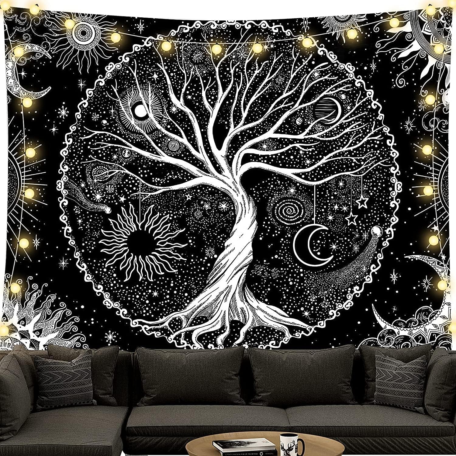 Tapisserie arbre de vie noir et blanc tapisserie phases de lune Accueil - Accessoires et Décorations Naty Shop Arbre de vie 150L X 130B Cm