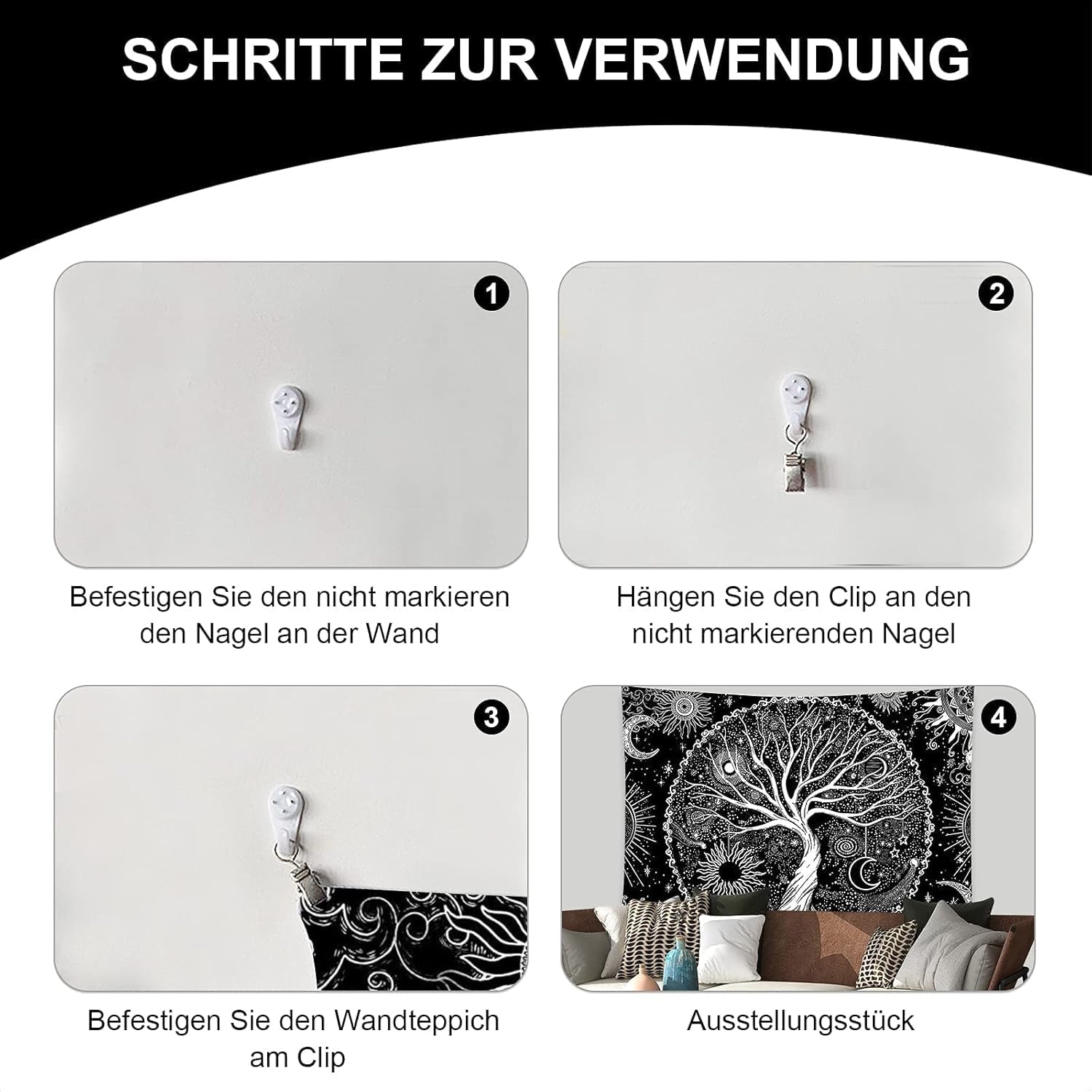 Tapisserie noir blanc arbre vie tapisserie phases lune Maison - Accessoires et Décorations Naty Shop