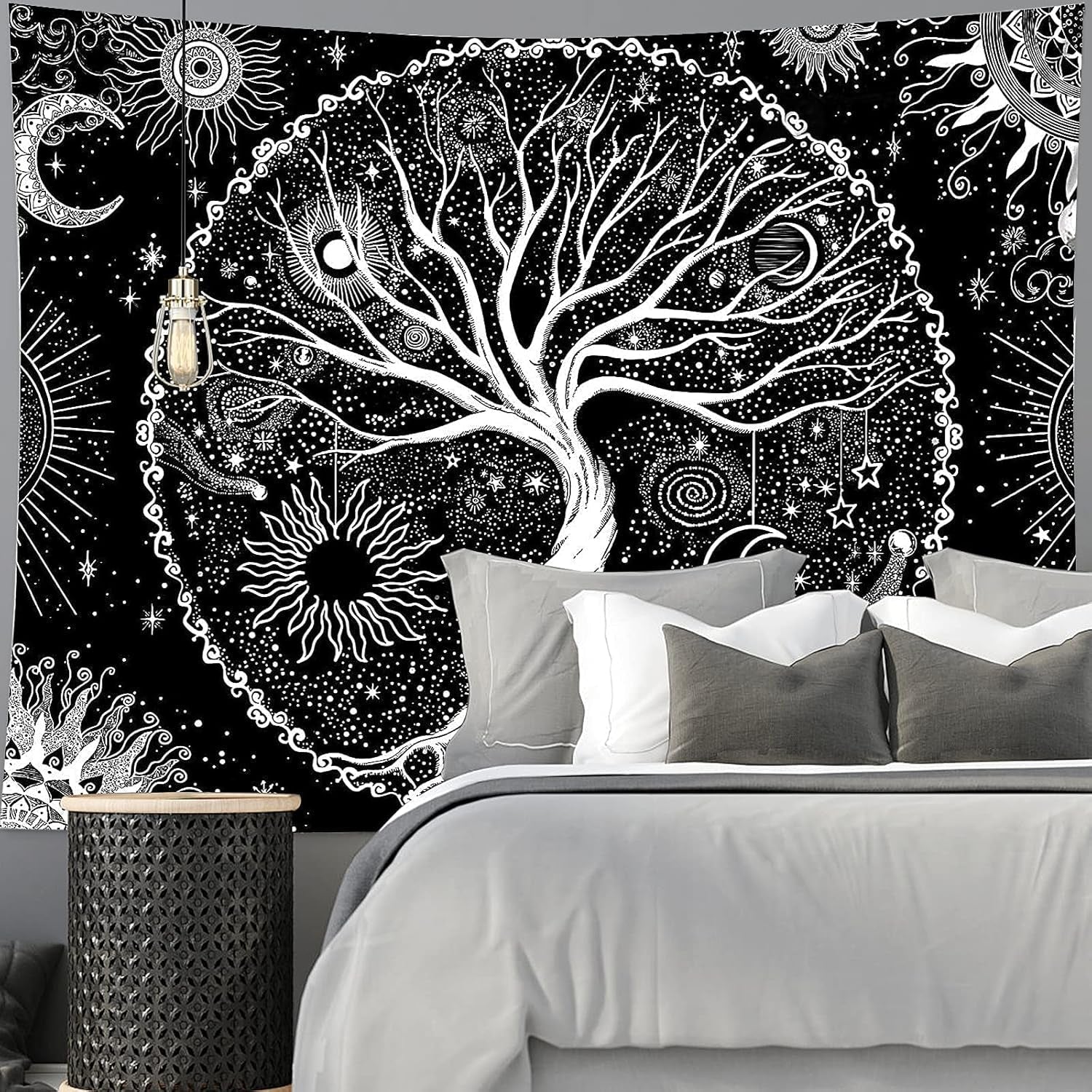 Tapisserie noir blanc arbre vie tapisserie phases lune Maison - Accessoires et Décorations Naty Shop