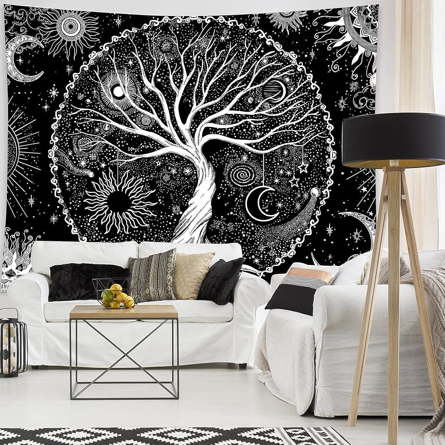 Tapisserie noir blanc arbre vie tapisserie phases lune Maison - Accessoires et Décorations Naty Shop