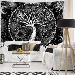Tapisserie noir blanc arbre vie tapisserie phases lune Maison - Accessoires et Décorations Naty Shop