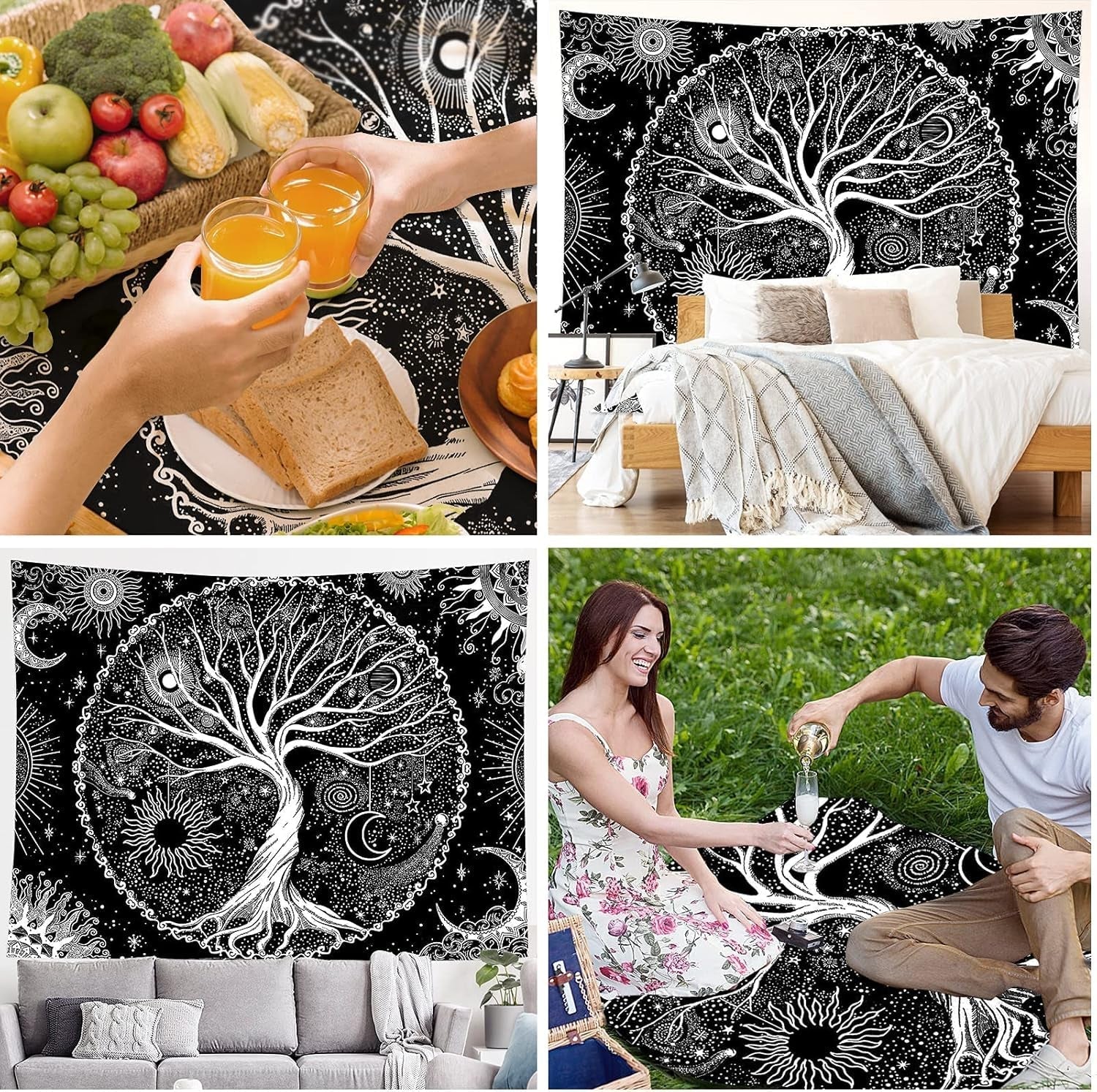 Tapisserie noir blanc arbre vie tapisserie phases lune Maison - Accessoires et Décorations Naty Shop