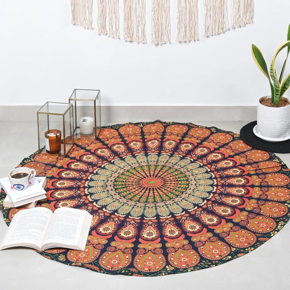 Tapisserie ronde paon mandala centimètres roundie visage hippie Accueil - Accessoires et Décorations Naty Shop Goldgreen 121.9L X 121.9B Cm