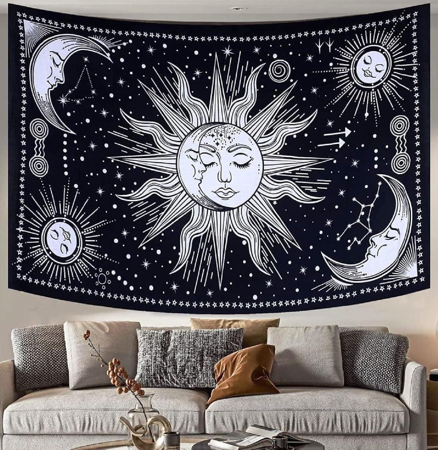 Tapisserie soleil lune étoile spirituel esthétique arc-en-ciel coton Maison - Accessoires et Décorations Naty Shop Noir/blanc 102L X 77B Cm