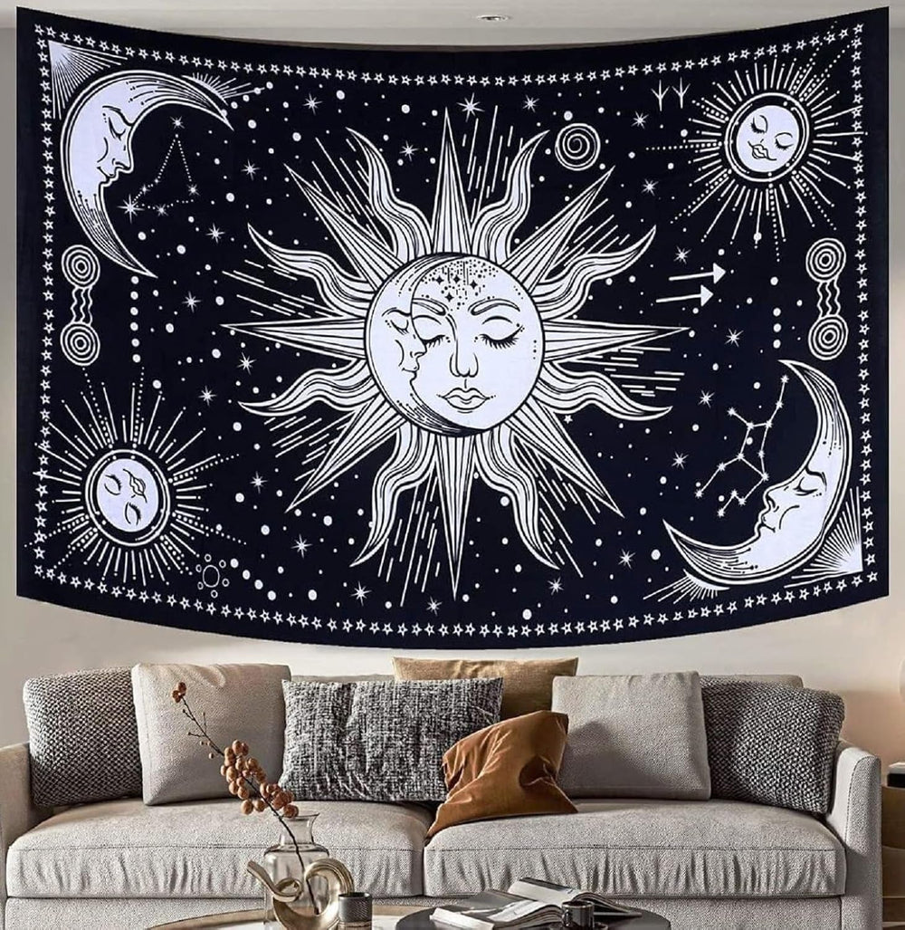 Tapisserie soleil lune étoile spirituel esthétique arc-en-ciel coton Maison - Accessoires et Décorations Naty Shop Noir/blanc 102L X 77B Cm