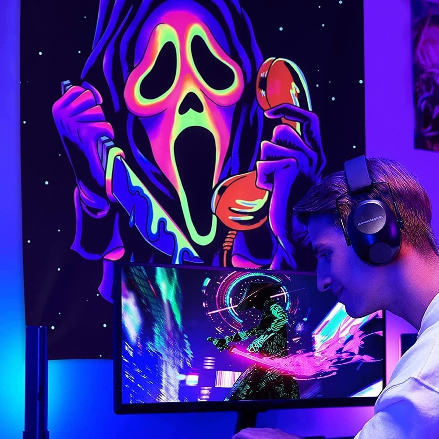 Tapisserie tapisserie horreur visage blacklight fantômes réactif Accueil - Accessoires et Décorations Naty Shop