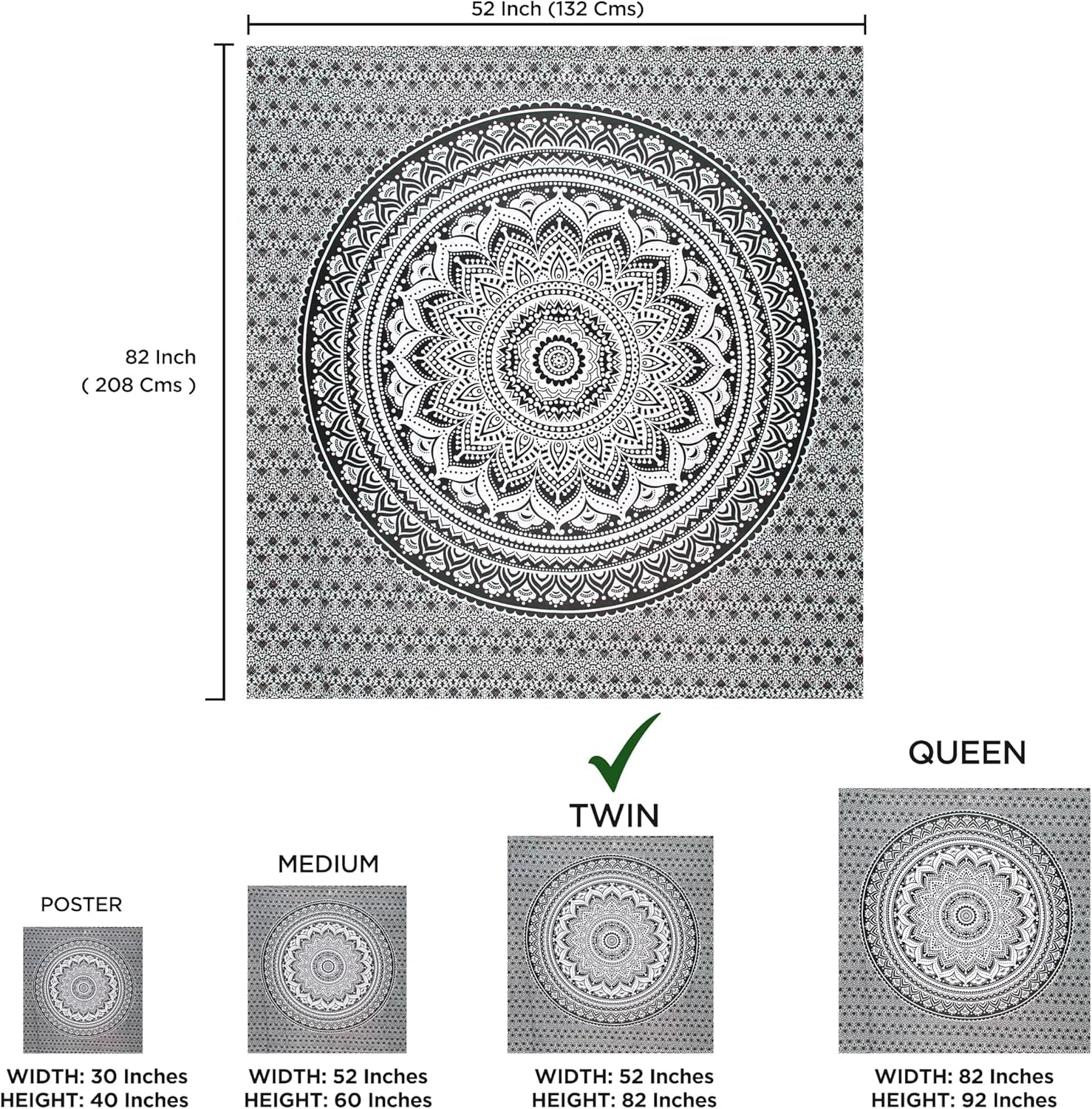 Tapisserie tapisserie mandala gris noir tissu mural Maison - Accessoires et Décorations Naty Shop