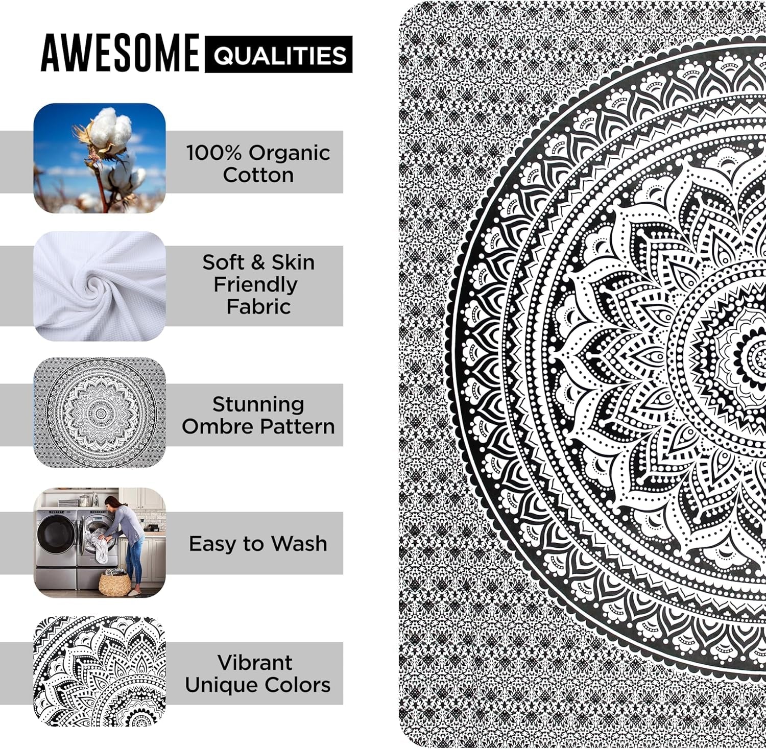 Tapisserie tapisserie mandala gris noir tissu mural Maison - Accessoires et Décorations Naty Shop