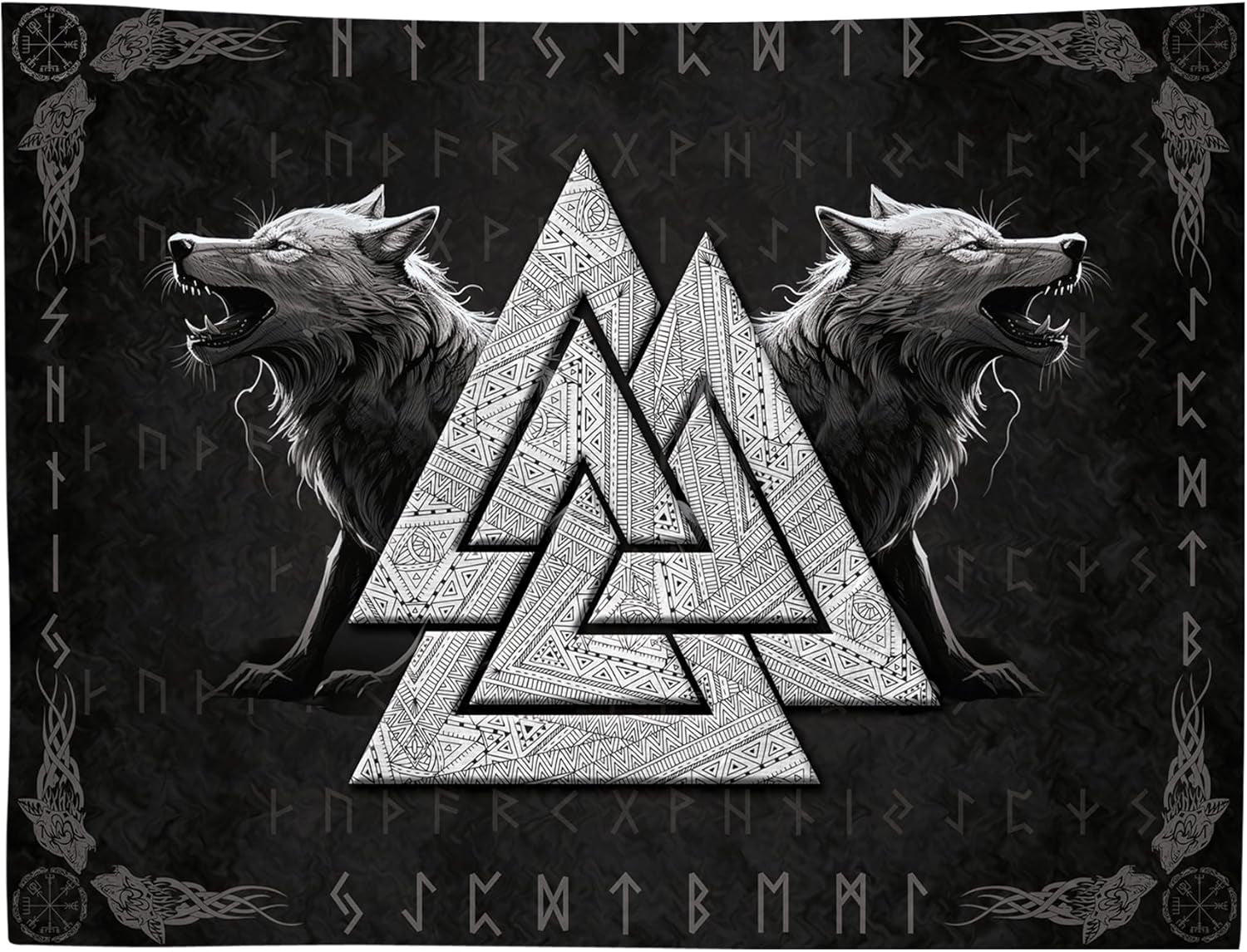 Tapisserie viking loup totem noir blanc méditation runes Maison - Accessoires et Décorations Naty Shop 200L X 150B Cm