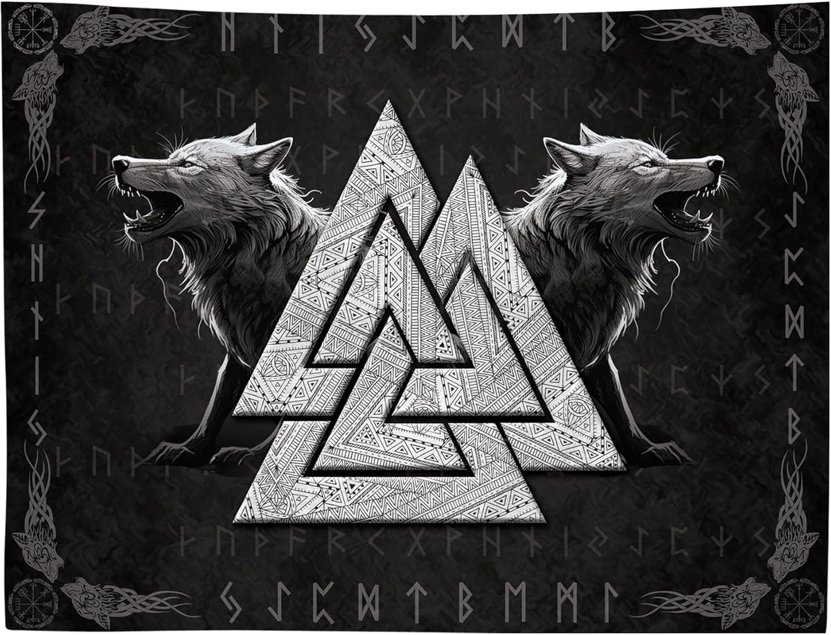 Tapisserie viking loup totem noir blanc méditation runes Maison - Accessoires et Décorations Naty Shop 200L X 150B Cm