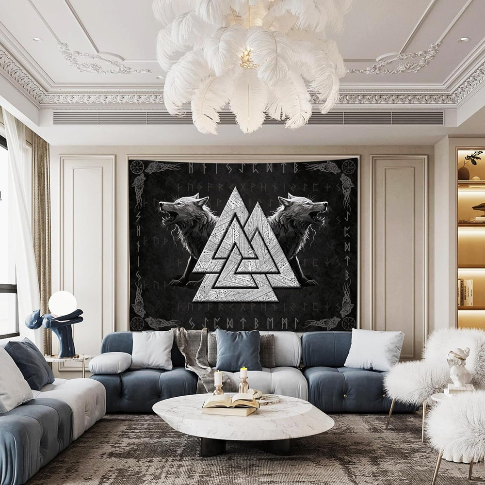 Tapisserie viking loup totem noir blanc méditation runes Maison - Accessoires et Décorations Naty Shop