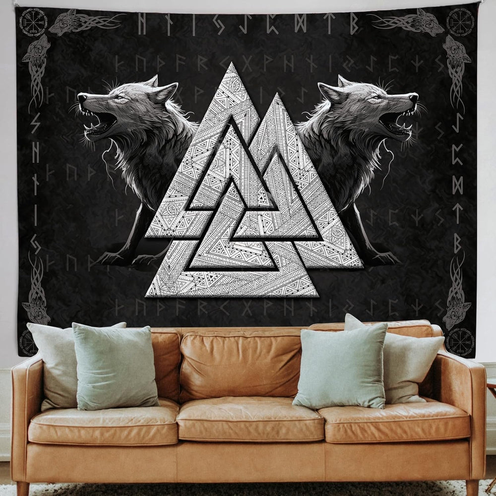 Tapisserie viking loup totem noir blanc méditation runes Maison - Accessoires et Décorations Naty Shop