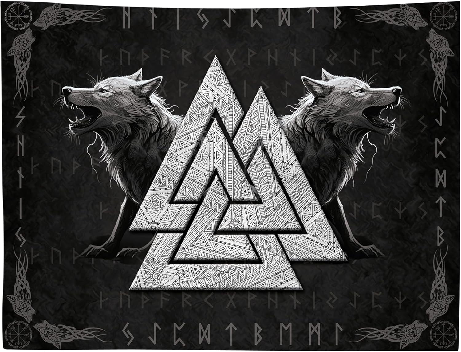 Tapisserie viking loup totem noir blanc méditation runes Maison - Accessoires et Décorations Naty Shop 300L X 180B Cm