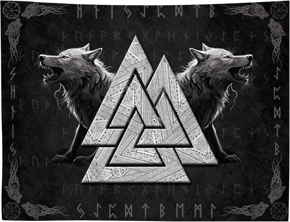 Tapisserie viking loup totem noir blanc méditation runes Maison - Accessoires et Décorations Naty Shop 300L X 180B Cm