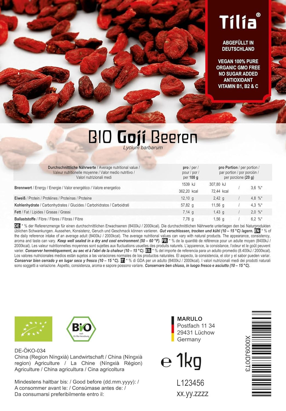 Tilia BIO Baies de Goji 1 kg Produits déshydratés Naty Shop