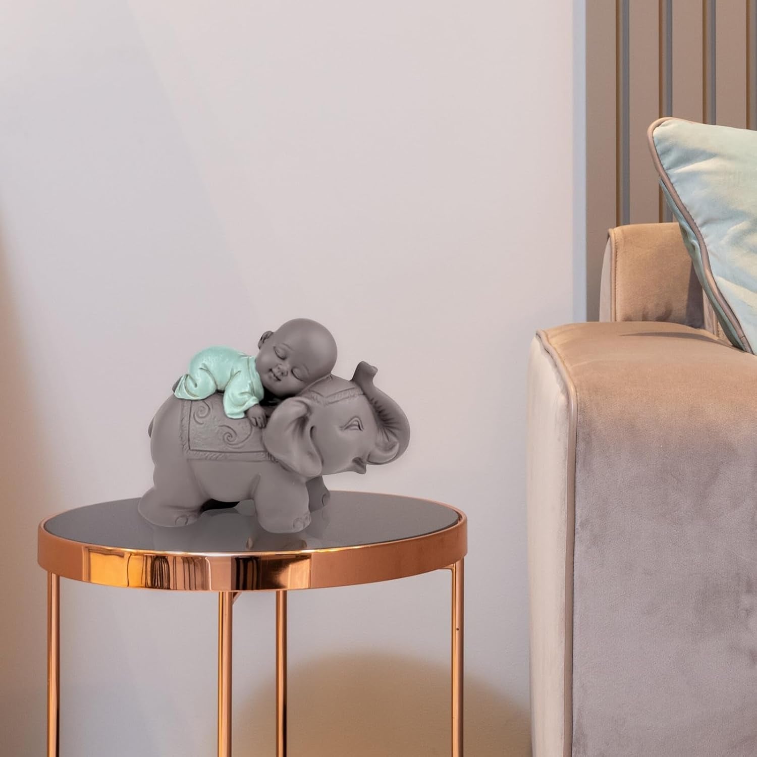 Zen'Light Statue Buddha Bonze Sleeping on Elephant - Atmosferă Zen în spațiul tău sacru - frumoasă figură de bun augur -H 9.5 cm, Brown & Green Statuete si sculpturi Naty Shop