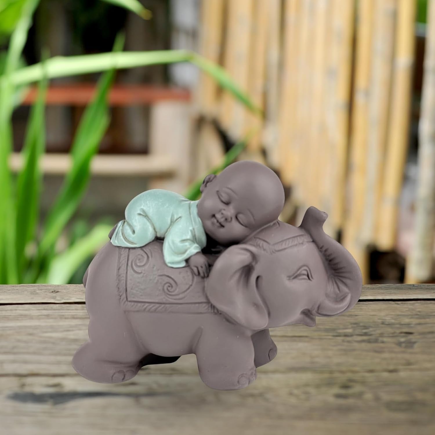 Zen'Light Statue Bouddha Bonze Dormant sur un Éléphant - Ambiance zen dans votre espace sacré - belle figure de bon augure -H 9,5 cm, Marron & Vert Statuettes et sculptures Naty Shop