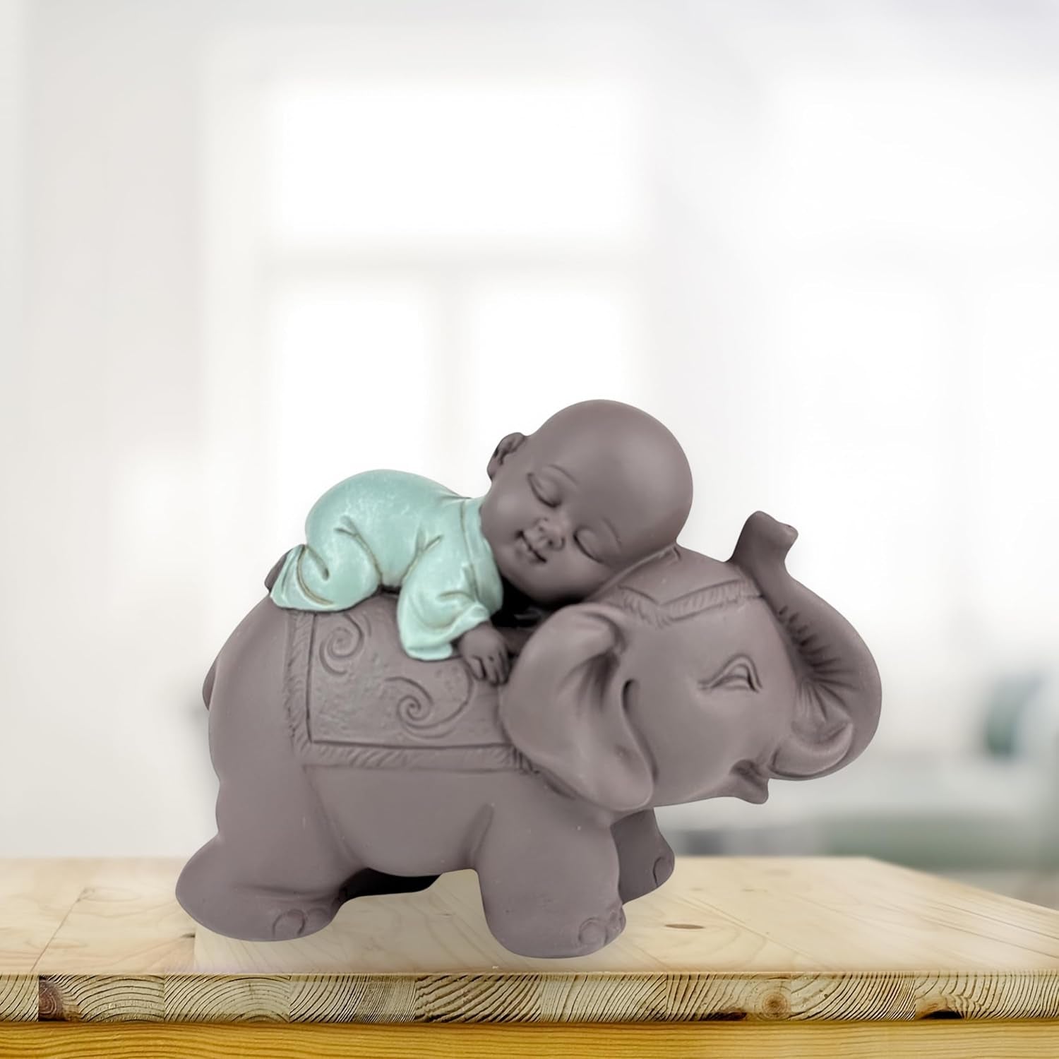 Zen'Light Statue Bouddha Bonze Dormant sur un Éléphant - Ambiance zen dans votre espace sacré - belle figure de bon augure -H 9,5 cm, Marron & Vert Statuettes et sculptures Naty Shop