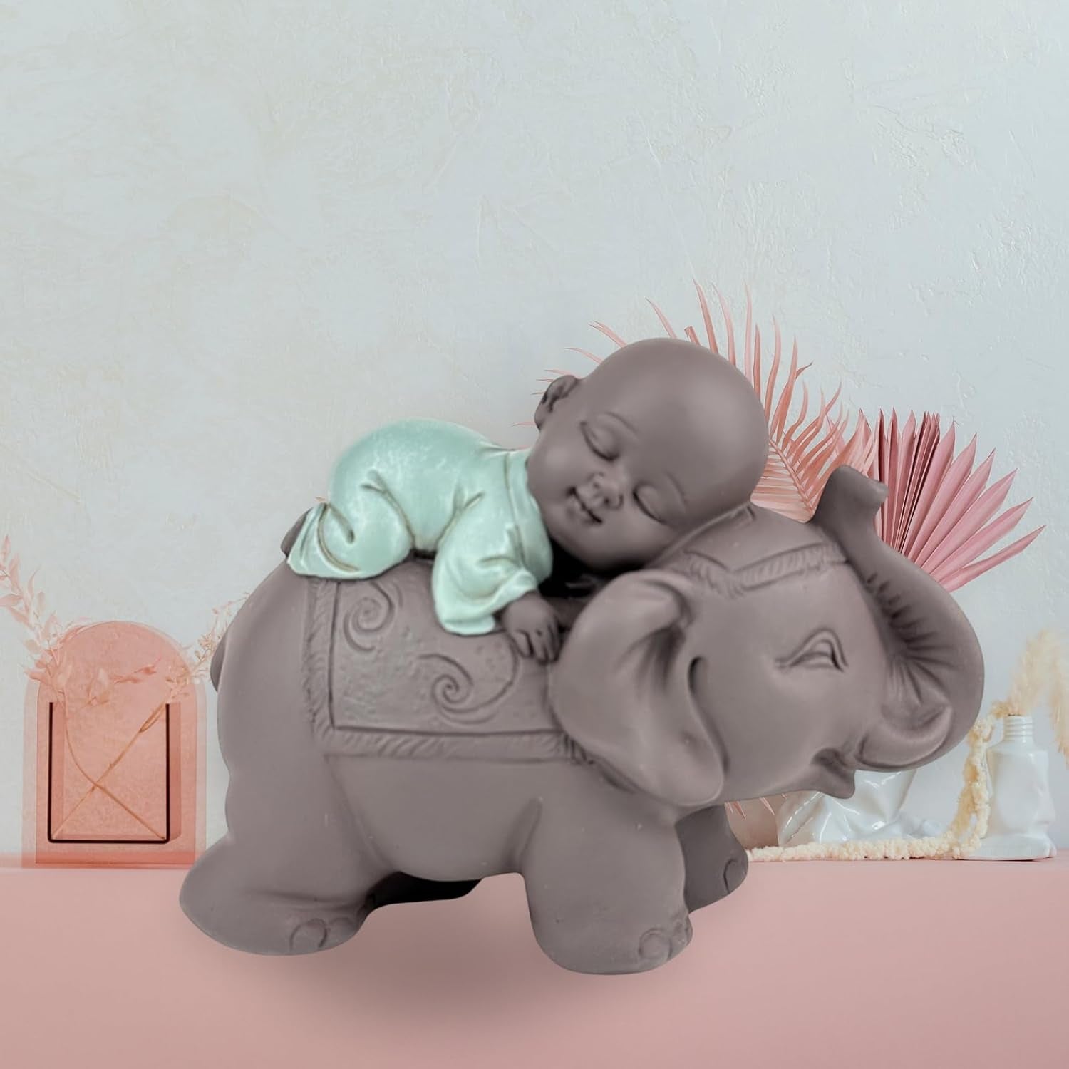 Zen'Light Statue Bouddha Bonze Dormant sur un Éléphant - Ambiance zen dans votre espace sacré - belle figure de bon augure -H 9,5 cm, Marron & Vert Statuettes et sculptures Naty Shop