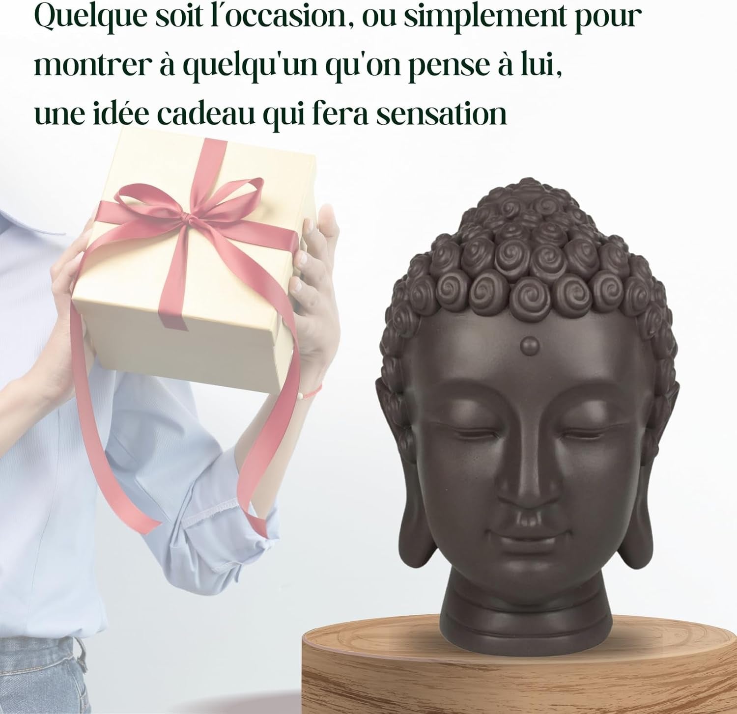 Zen'Light - Statuette tête de Bouddha - Décoration pour le zen, la méditation et le feng shui - Cadeau pour une ambiance relaxante et spirituelle - Statuette de Bouddha - Hauteur : 20 cm - Couleur : vert/marron Statuettes et sculptures Naty Shop