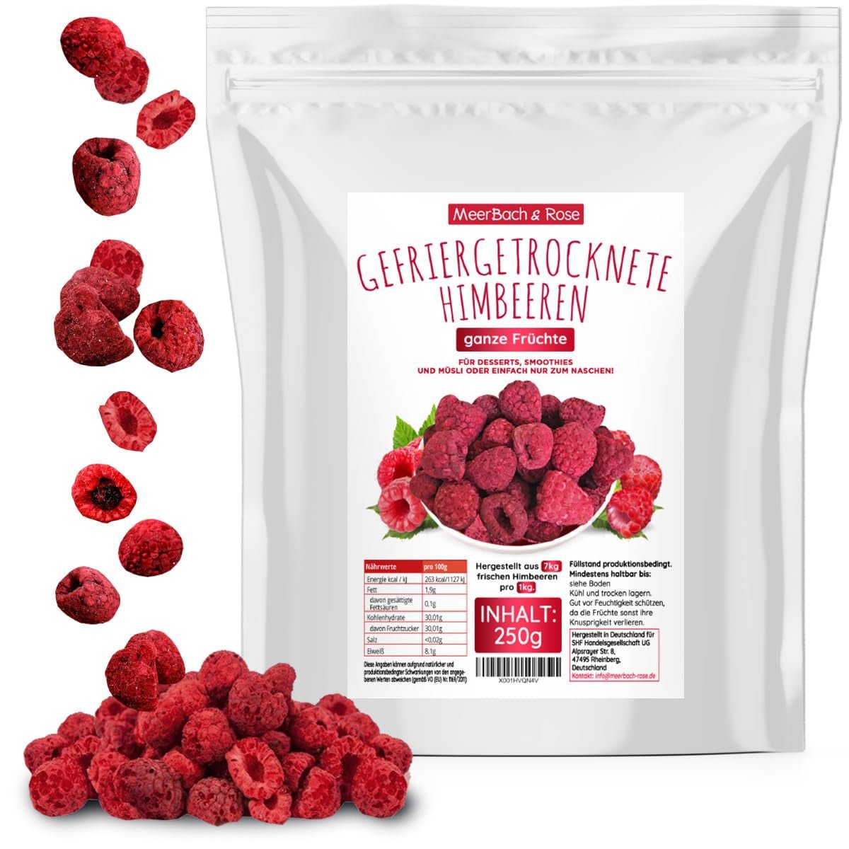 Framboises lyophilisées, SANS produits chinois, 500g Fruits entiers lyophilisés, sans additifs, fruités, fabriqués en Allemagne Produits déshydratés Naty Shop 250G